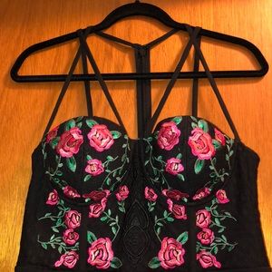 BEBE Lace Dress with Rose Embroidered Detail